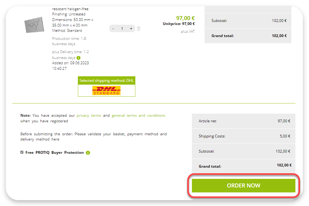 Screenshot of protiq.com: The order process is completed in the shopping cart